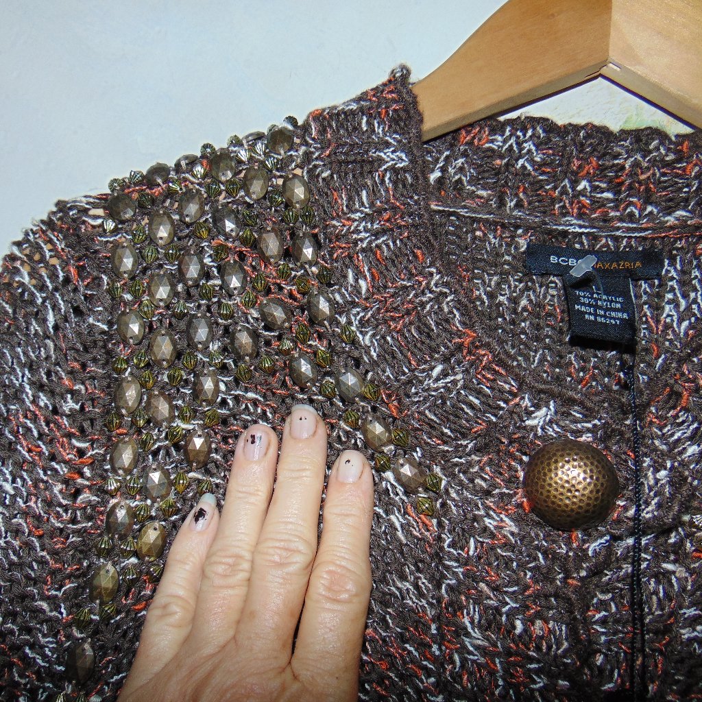 Bcbg Maxazria Cardigan Sweater Brown L Beaded Brass Button Chunky Knit Crochet
